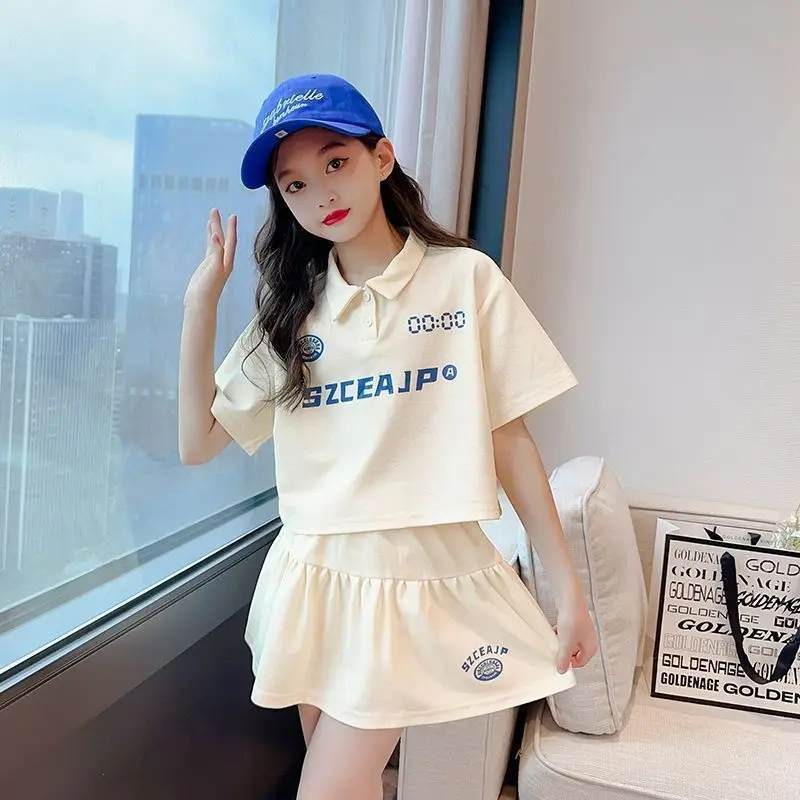 

Girls Summer Trend Casual Korean Style Polo Shirts+Skirts 2pcs Suits Teenage INS Leisure Outfit Streetwear Sets Children Clothes