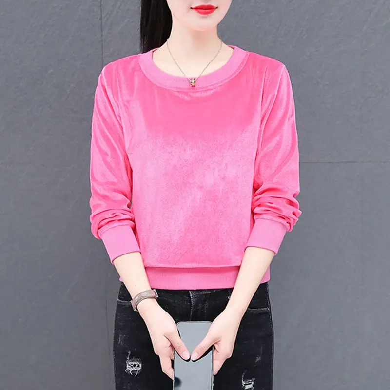 Korean Fashion Autumn Winter Pure cotton Women O-Neck Solid Screw Thread  office lady Long Sleeve Loose Pullovers T-Shirts Tops