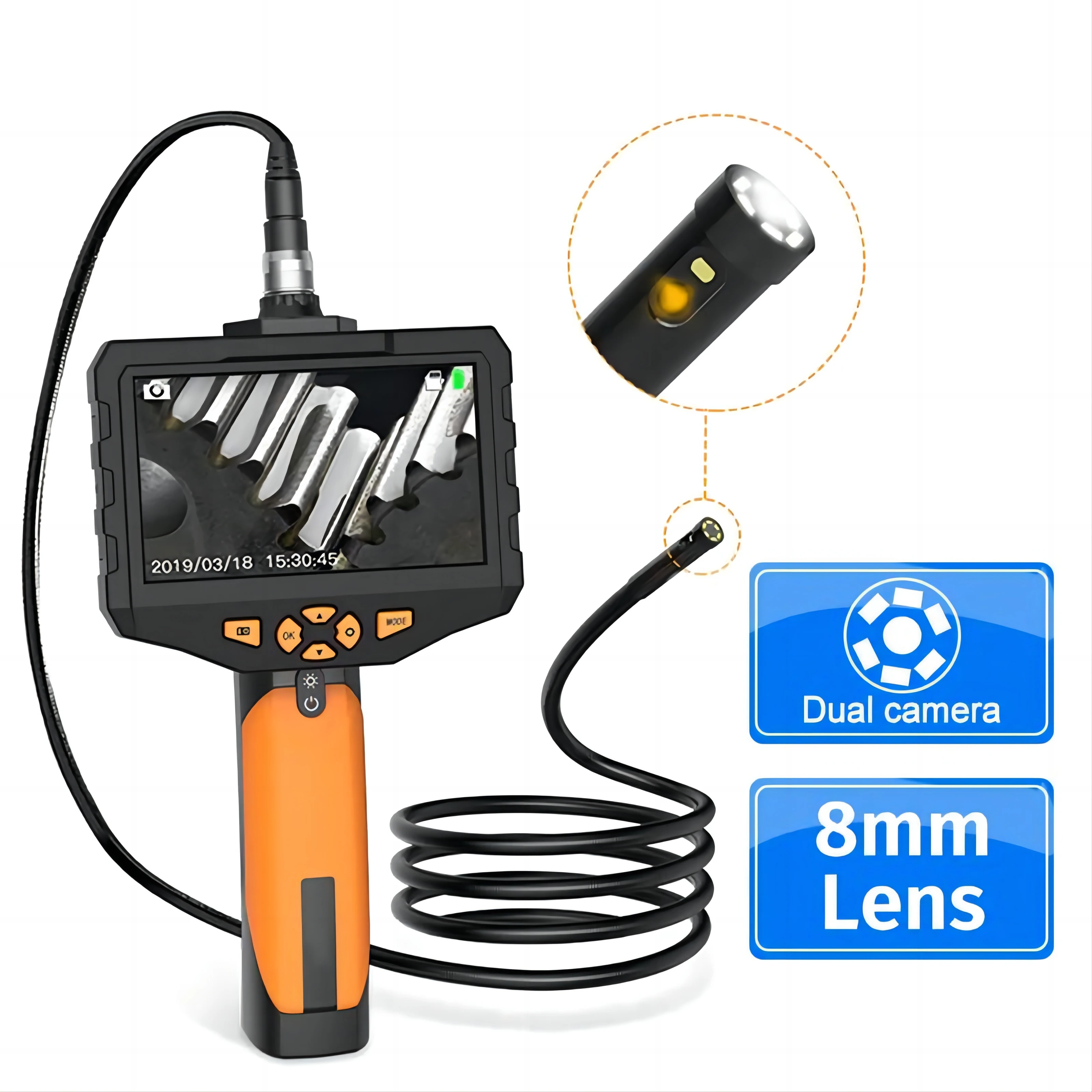 Industrial Automotive Endoscope 4.5 inch LCD Screen 8mm 1080P HD Maintenance Inspection Tool 1M Semi-Rigid Cable