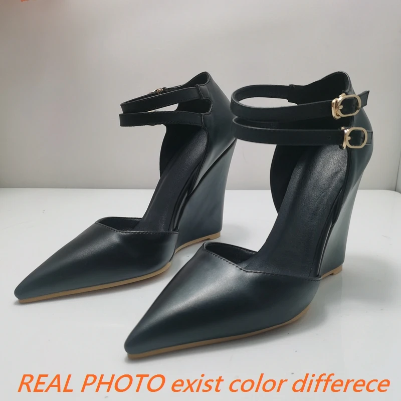 REAVE CAT Fashion Women Pumps Pointed Toe Wedges High Heel Buckle Straps 45 46 Sexy Janes Shoes