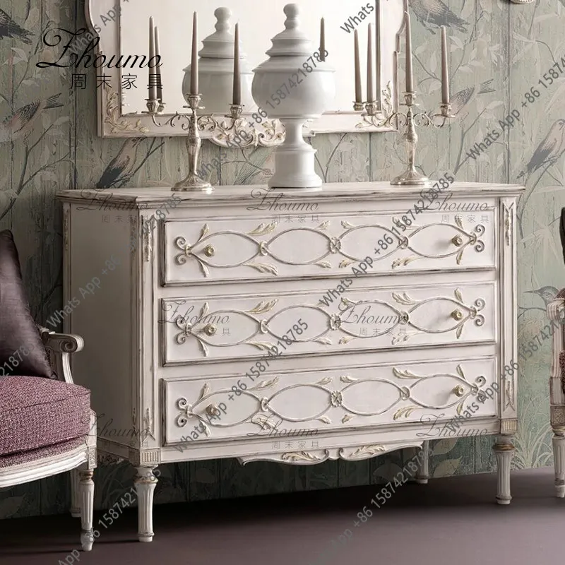 

French light luxury carved three-bucket cabinet medium antique white old drawer cabinet simple bedroom storage cabinet