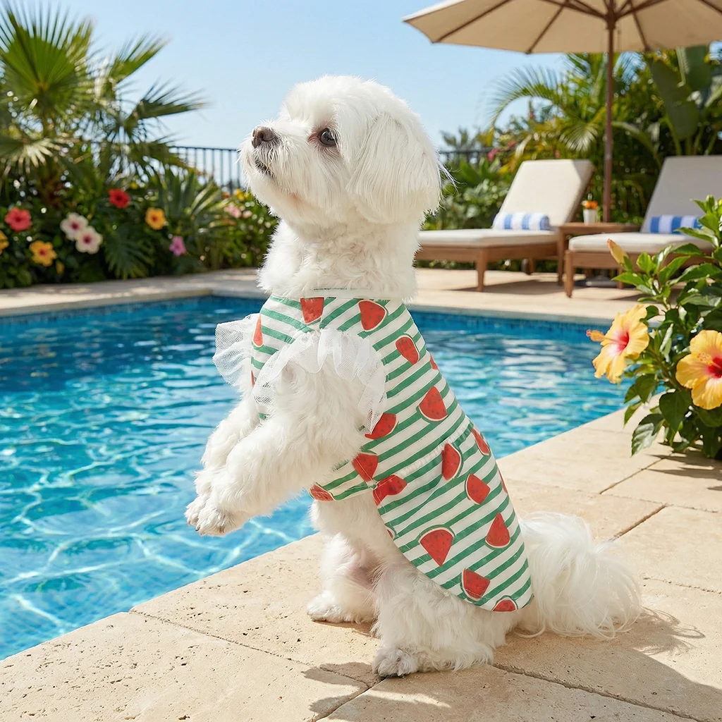 Vestido verano para perros manga corta estampado sandía verde y blanco - imagen 2