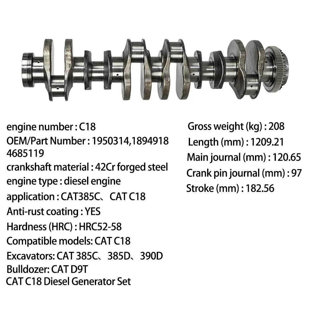 High Quality For YT Forged C18 Engine Crankshaft 208kg For 385C/385D/390D/988H/D9T OE 4685119 1 Year Warranty
