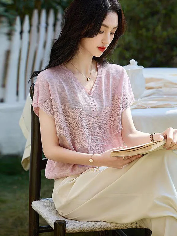 Faionable doux pour la peau glace soie haut tricoté dentelle épissage conception ort Sve été Faionable coréen Sle coupe ample