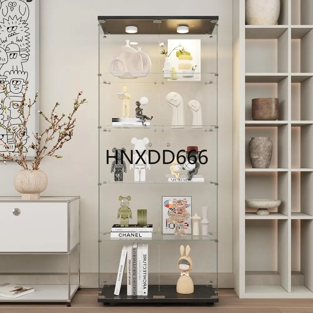 

Glass Display Cabinet with Lights, 5 Shelves with 2 Doors, Curio Cabinets for Living Room, Bedroom, Office, Black Floor Standin