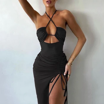 Image Summer Black Sexy Dress For Women Sleeveless Backless Hollow Out Party Dress Fashion Lace-up Halter Bodycon Elegant Split Dress