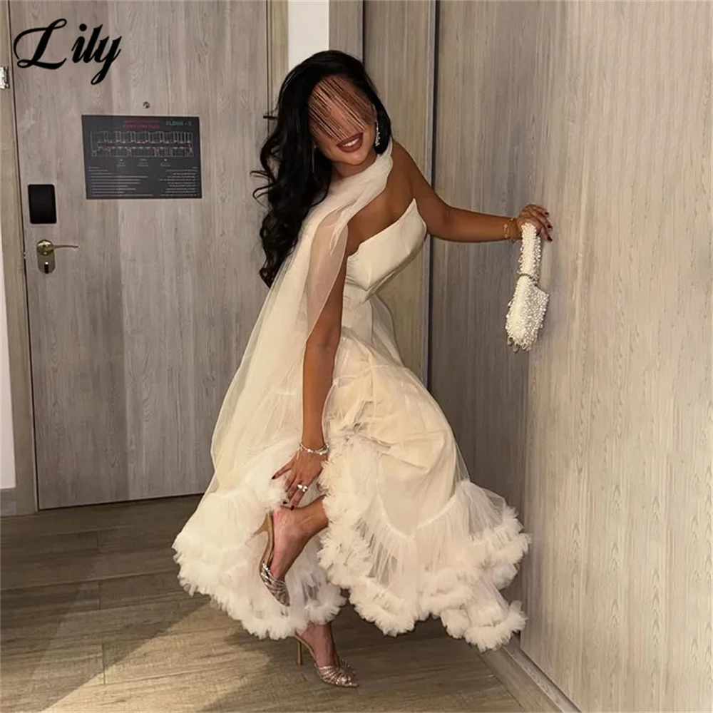 

Lily Cream Sleeveless Formal Gown Strapless Prom Dresses Ruffled Tulle Evening Dress A Line Pleated Modern Style Customized