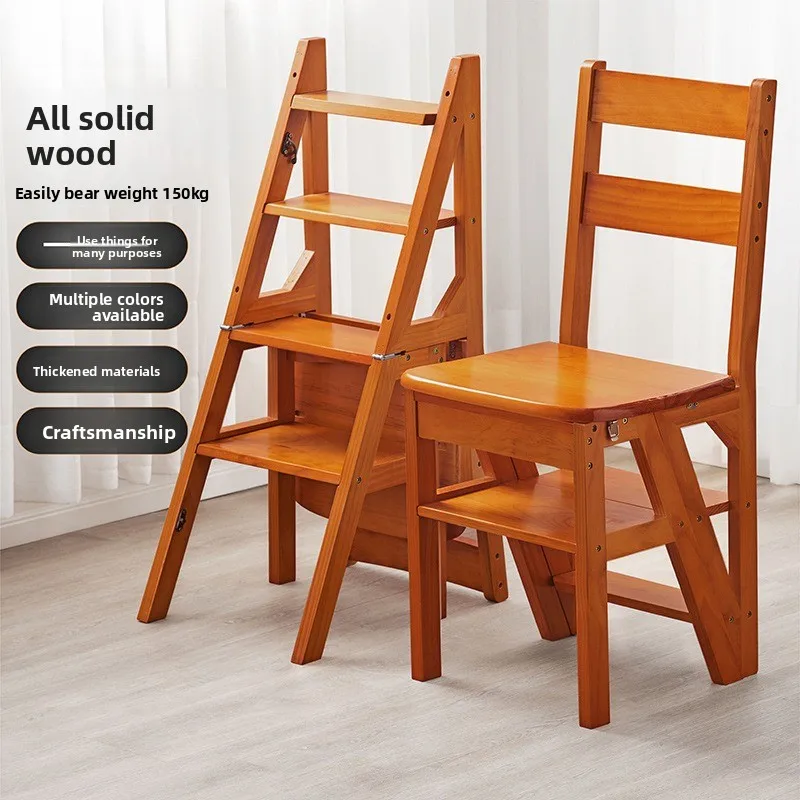 Solid Wood Dual Use Folding Ladder Chair Indoor Portable Four Step Climber Household Ladder Multifunction Ladder Ladder for Home