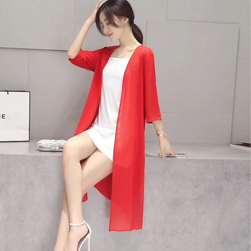 2024 nuove donne estive cardigan lungo in chiffon diviso solido casual manica a tre quarti nero blu bianco moda cardigan sottile