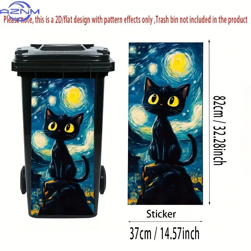 1pc Big Eyed Black Cat Under the Starry Sky 2D Flat Trash Can Sticker, 37.01x 81.99cm, Glossy PVC, Creative Galaxy Style Wall view 4