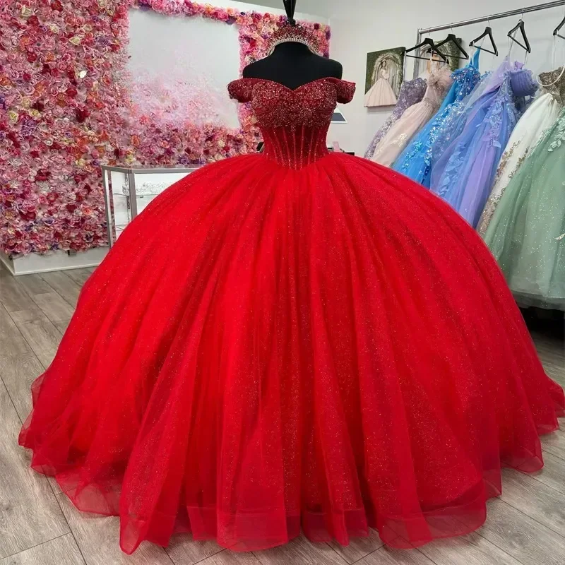 Vestido de Quinceañera Rojo Brillante, Vestido de Fiesta con Hombros Descubiertos y Pedrería, Vestido de 15 Años, Vestido para Fiesta de Quince Años, Personalizado