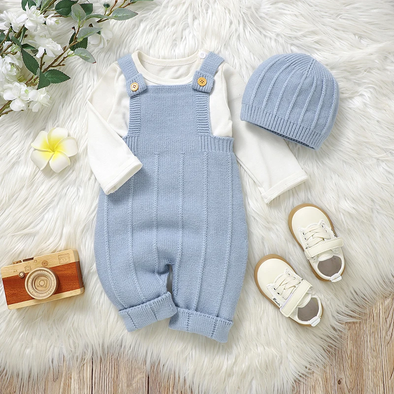 

Solid Sleeveless Baby Girls Knitted Rompers Hats Outfits 2pcs Autumn Winter Outwear Newborn Boys Jumpsuits Clothes Children Wear