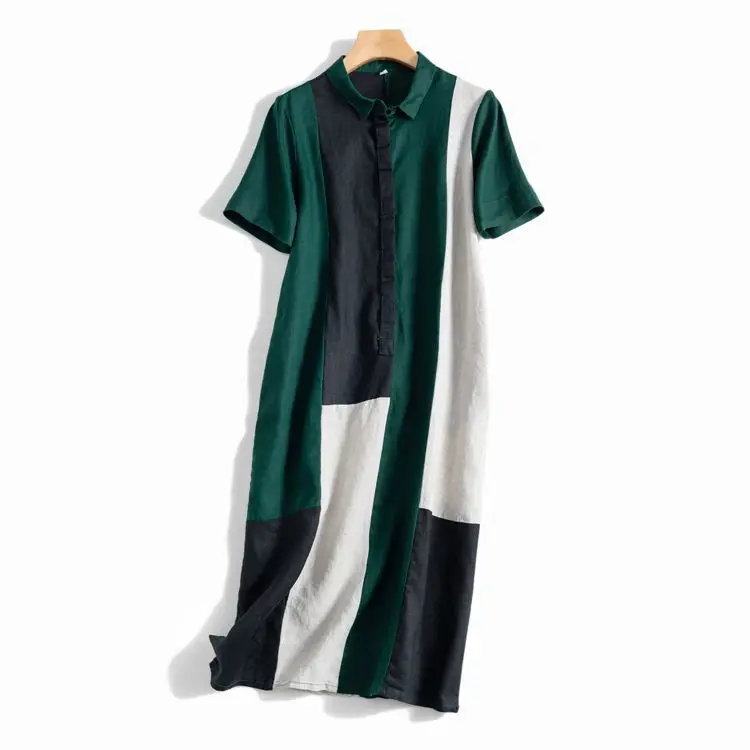 Dave&di Linen Design Sense Color Blocking Artistic Loose And Slimming Short Sleeved Mid Length Dress Vestidos Women's Dress
