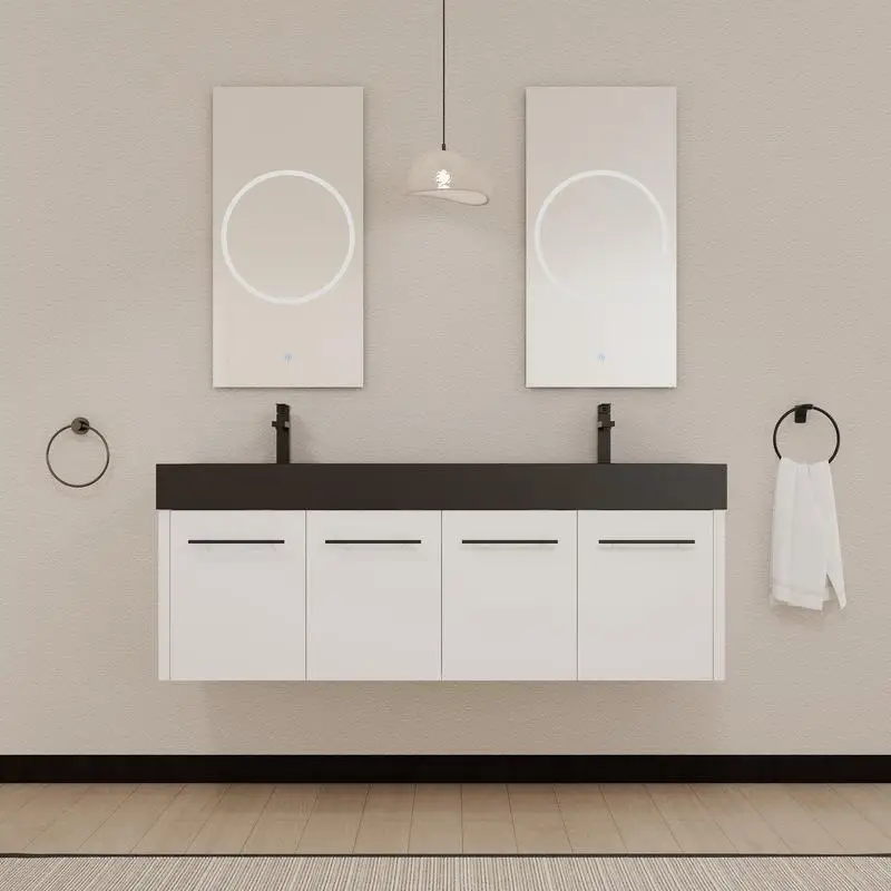 

60" Wall-Mounted Bath Vanity with Thick Edge Double Black Resin Sink, KD Package, Modern Design, Space-Saving Solution