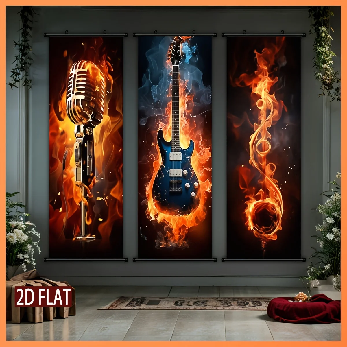 VIKAMA Flame Rock Guitar Note Scroll Tapestry, HD Fade Resistant Wall Hanging Scroll Art for Rock Themed Room Decor
