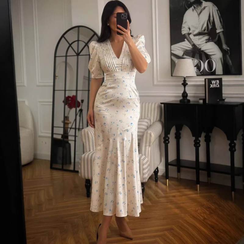 

2026 Summer New Hot Selling V-neck Floral Bubble Sleeve Front Shoulder Slimming Drop Dress for Women