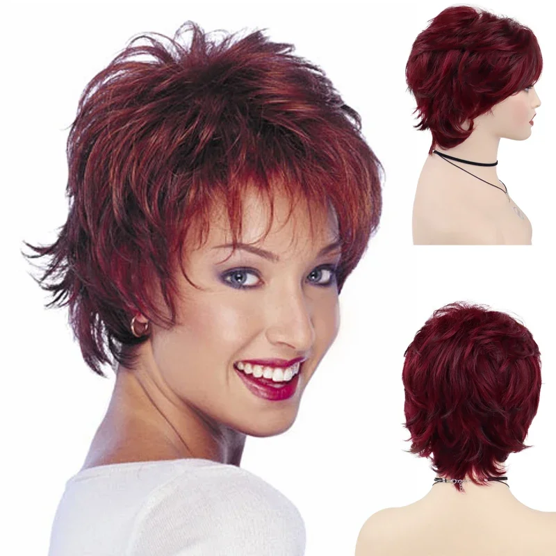 

GNIMEGIL Short Wigs for Women Synthetic Red Hair Wigs with Bangs Natural Curly Haircut Ombre Color Mommy Wig Mother Elderly Wigs