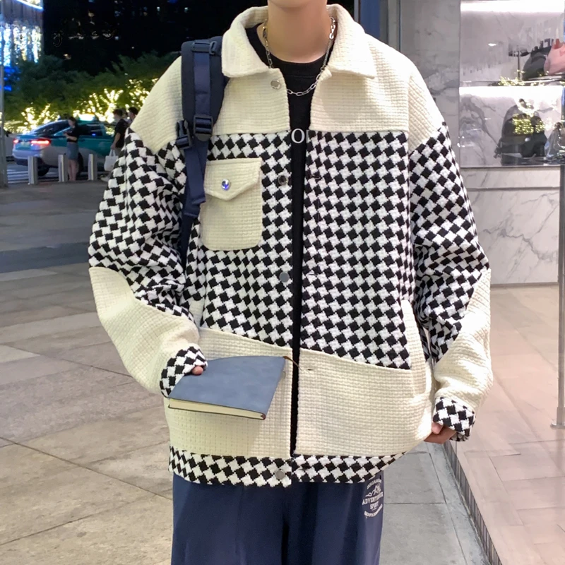 Jackets Men Loose Daily Casual Couple Plaid Autumn Warm Pocket Streetwear Japanese Style Teenagers All-match Fashion Oversize