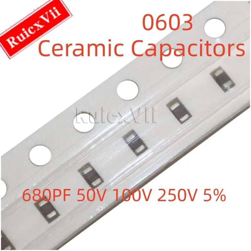 

(100 шт.) 0603 680PF 50 в 100 в 250 в 5% 681J COG 1608 SMD керамические конденсаторы