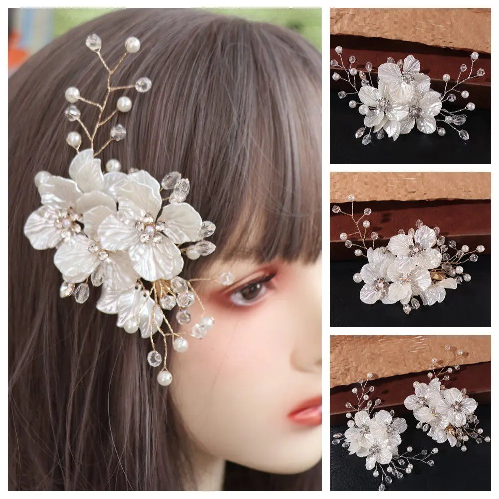Exquisite Crystal Pearl Flower Bridal Headwear White Handmade Bride Headdress Luxury Elegant Wedding Hairpin Hair Jewelry