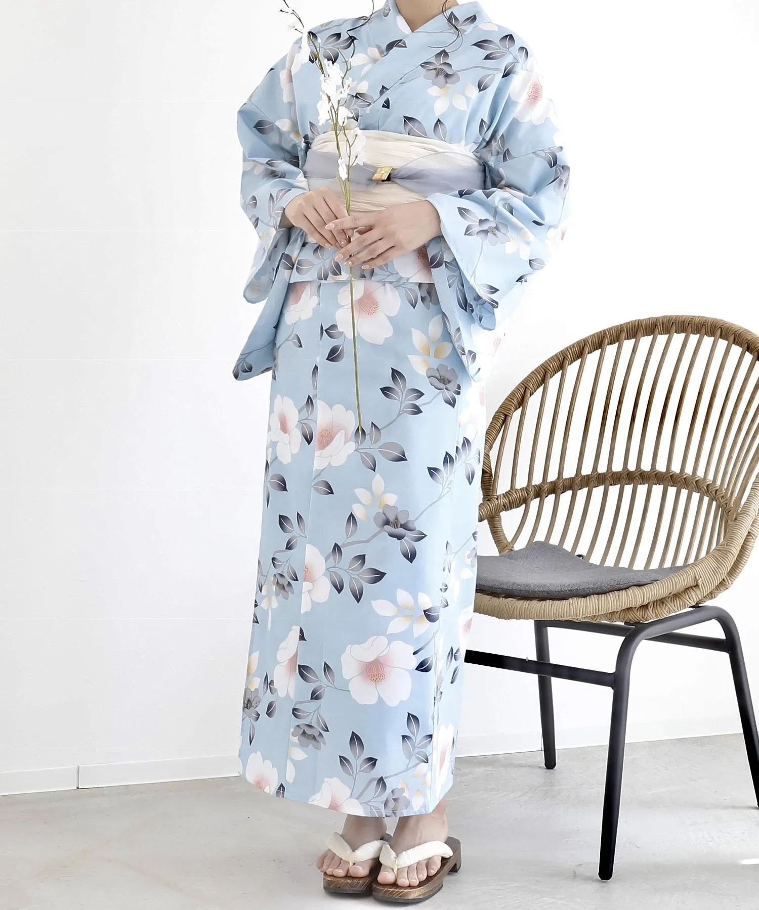 

Yukata Traditional Japanese Kimono-style Cotton Women's Dress and Young Ladies' Kimono with Navy Blue Camellia Pattern