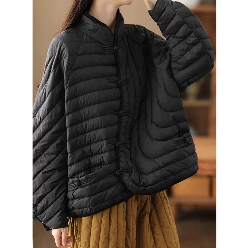 

Women's Winter Down Jacket 2024 New Puffer Coats Standing Collar Chinese Coats Down Retro Light Short Women's Outerwears