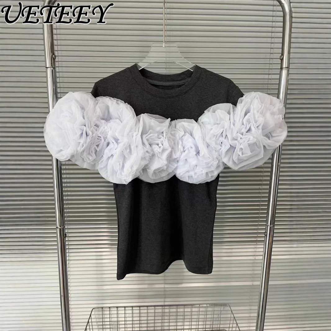 

Japanese Contrasting Color Three-dimensional Flower Short-sleeved T-shirt 2025 Summer New Korean Niche Design Tshirt Top Women