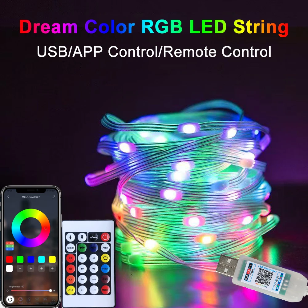 

Smart USB LED Fairy Light Phone App Remote Control WS2812B RGB LED String DIY Addressable Dream Color For Garden Party Christmas