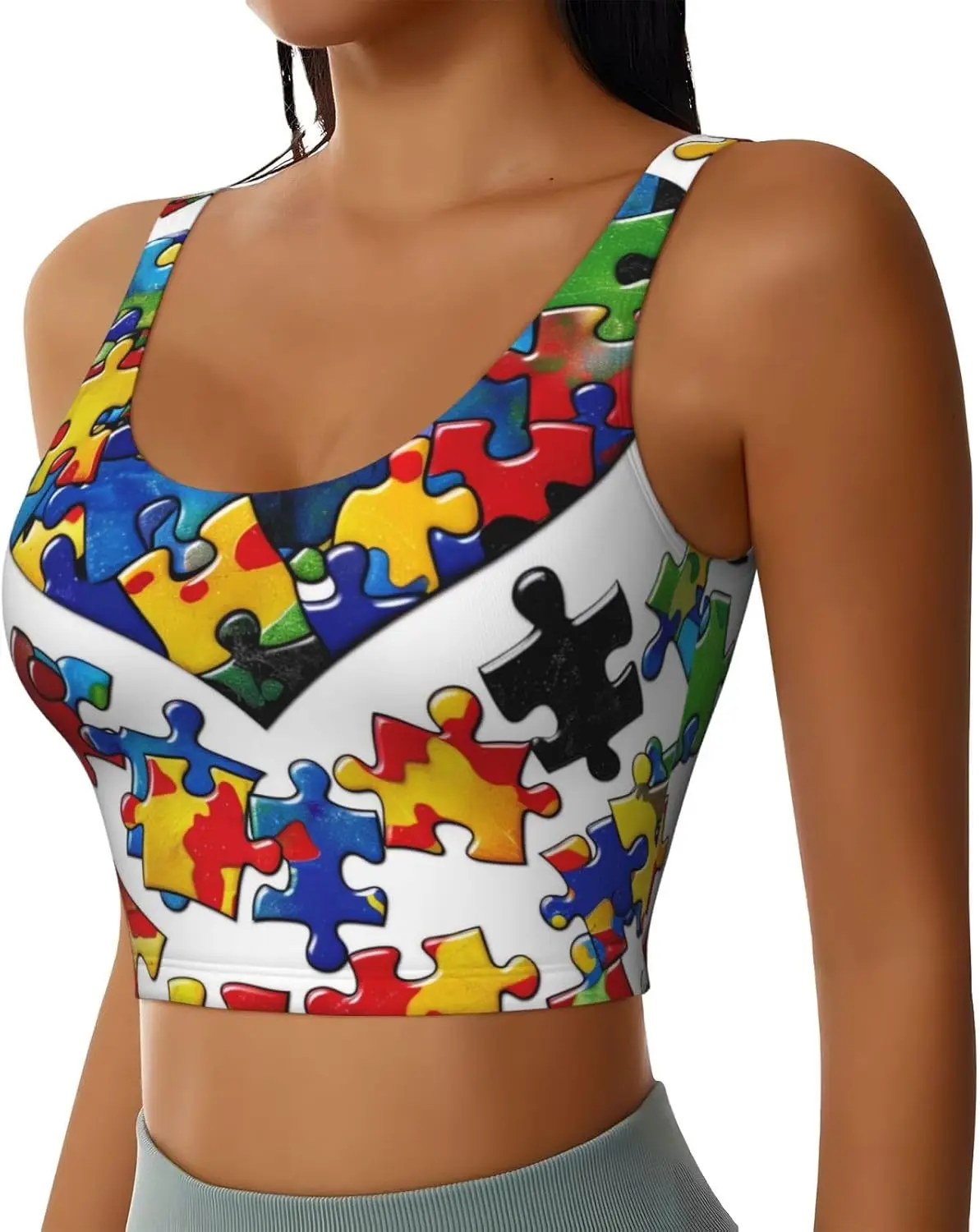 Biustonosz sportowy z nadrukiem serca, elementy układanki świadomościowej kampanii, elastyczny, oddychający, do ćwiczeń, do jogi.