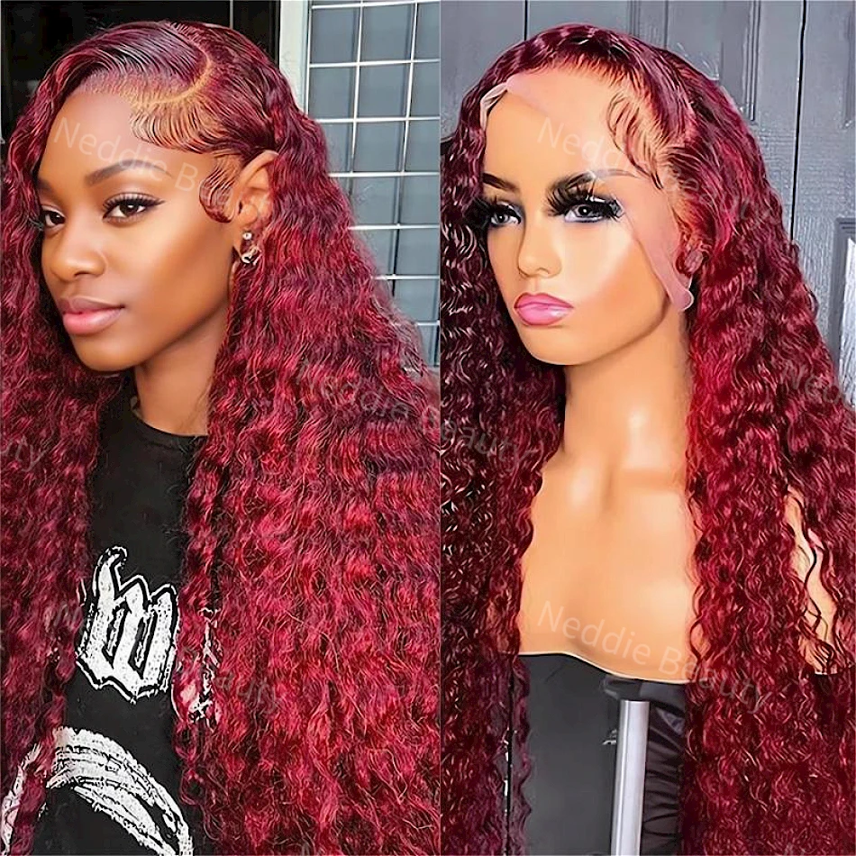 30 40 Inch Burgundy Brazilian Lace Frontal Wigs 13x6 HD Transparent Curly Human Hair Deep Wave Chioce For Women Colored Wig