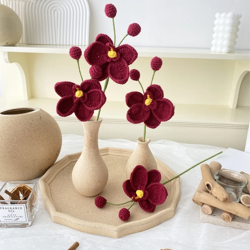 5 PCS Butterfly Orchid Artificial Flowers Knitting Red Pink Immortal Flowers Hand-knitted Flowers Wedding Bouquet DIY Home Decor