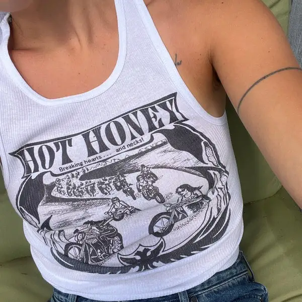 Ribbed Tank with Hot Honey Motorcycle Vintage Inspired Graphic 20 Inch Emo Girls Aesthetic Letter Print Grunge Goth Camisole Top