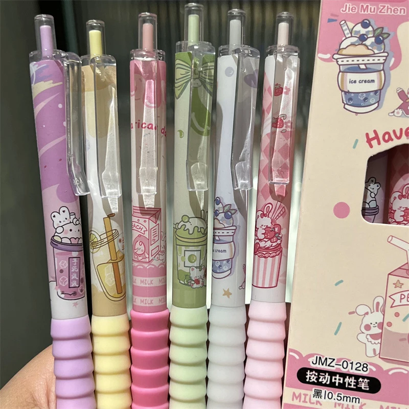 Stylo gel de dessin animé Kawaii, 6 pièces, 0 Stylo lisse d'écriture à encre noire à séchage rapide, fournitures de bureau pour étudiants, cadeau de papeterie, 5mm