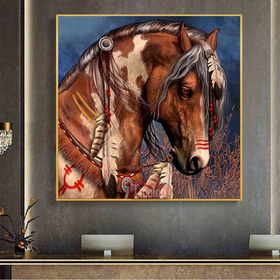 Full Square Round Drill Indian Horse Picture 5D DIY Diamond Painting Animal Embroidery Mosaic Cross Stitch Home Decor Wallpaper