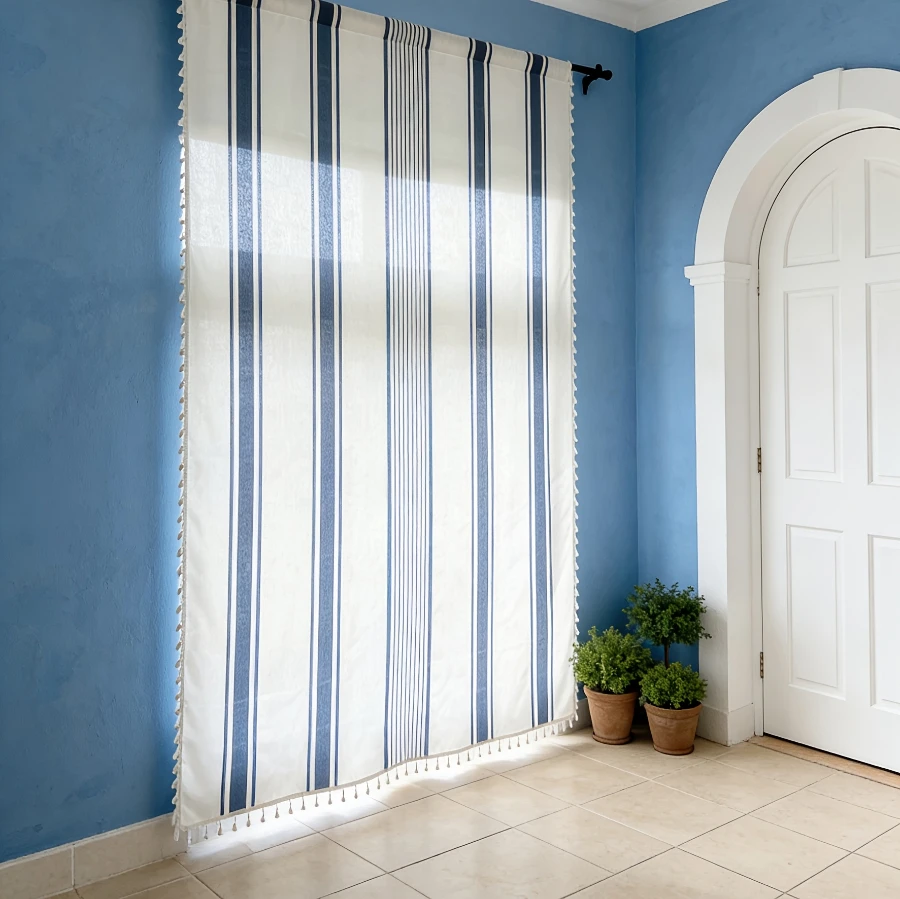 1PC Mediterranean Tassel Sheer Curtains, Blue Stripe, Digital Print, Linen Polyester, Bedroom Living Room Cafe, Home Decor