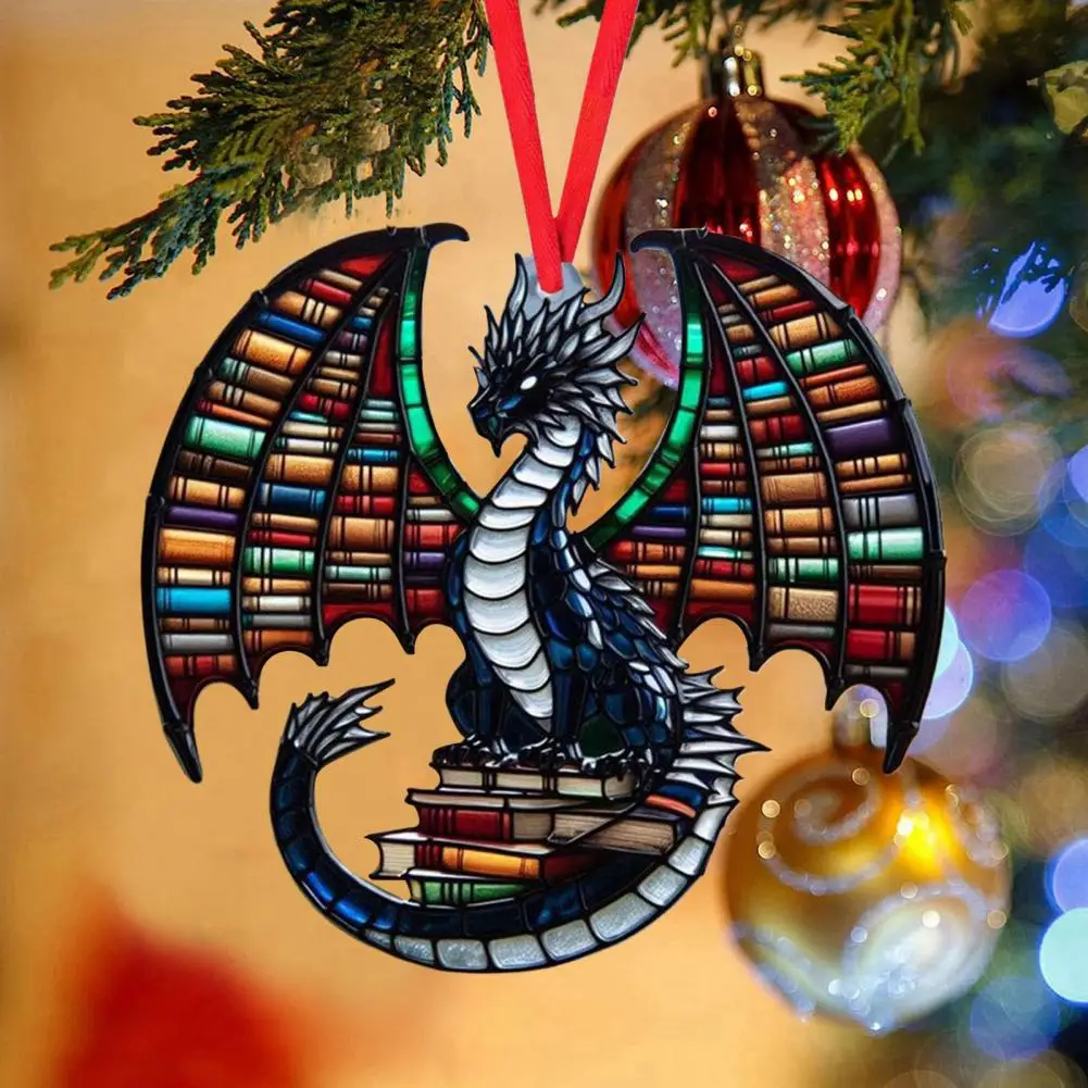 Acrylic Hanging Ornament Dragon Book Christmas Ornament Dragon Bookshelf Pendant Acrylic 2D Flat Bookshelf Dragon Decoration