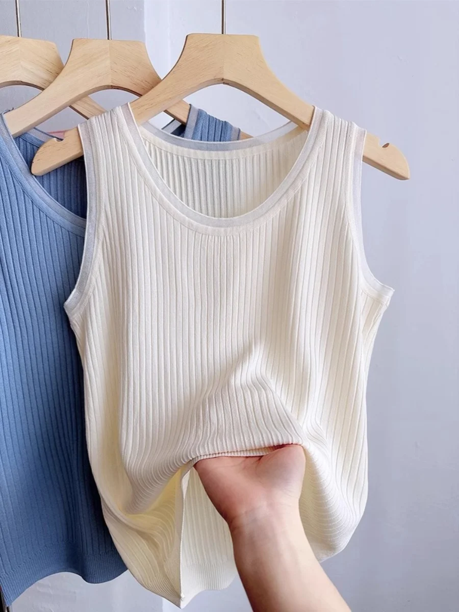 Oule-Chaleco con tirantes de punto de seda de hielo para mujer, ropa interior versátil, fina, redonda, capa Base Ne Svel, Top informal de verano