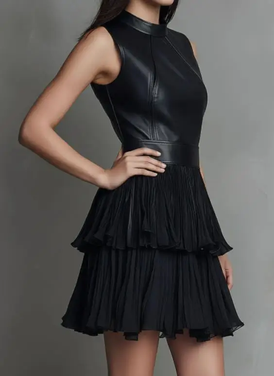 

2026 Spring and Summer New Fashion Casual Women's Elegant Sexy Leather Double Layered Dress Female Clothing