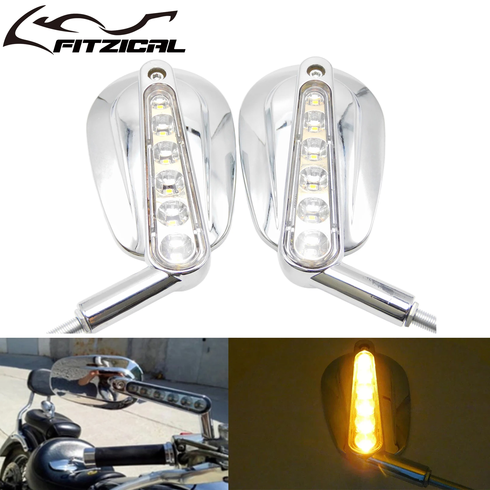 

2xMotorcycle Chrome Rear Side View Mirrors Mirror LED Turn Signals Light For Harley Sportster Touring Road King Dyna V-ROD VRSCF