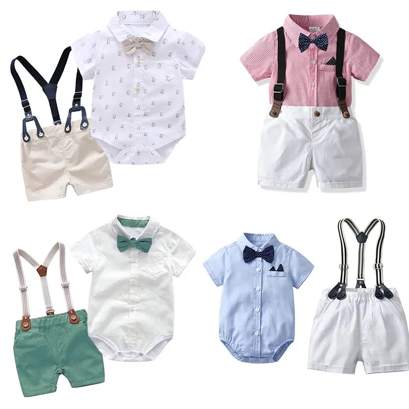 Kleinkind Junge Stram pler Gentleman Kleidung Anzug Neugeborenen Overall Gürtel Bogen Hut Set Baby Jungen 1. Geburtstags feier Anzug Hochzeit Outfit