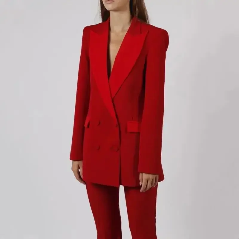 Fashion Elegant Red  Women's Suit Two-pieces (Jacket+Flared Pants) Set New Fashionable Leisure Female Clothing