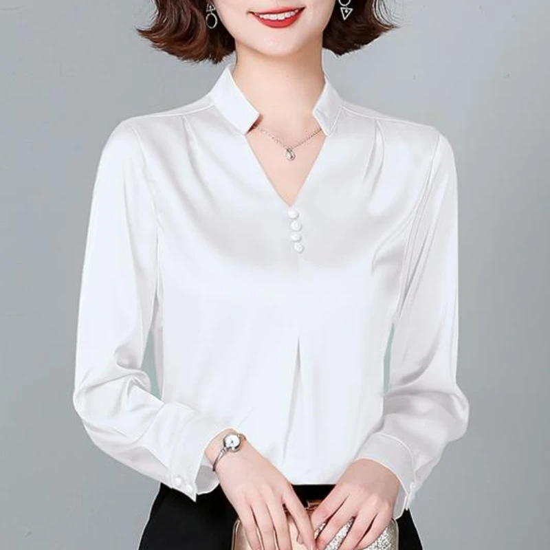 Satin Women Blouse Tops for Women Fashion Elegant OL Vintage Shirts for Women Spring Woman Clothing V-neck Long Sleeve Blouses