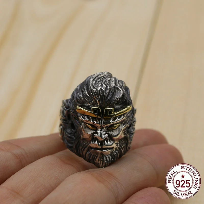 S925 Sterling Silver Ring Vintage Qi Tian Da Sheng Sun Wukong Creative Open Ring Punk Fashion Jewelry