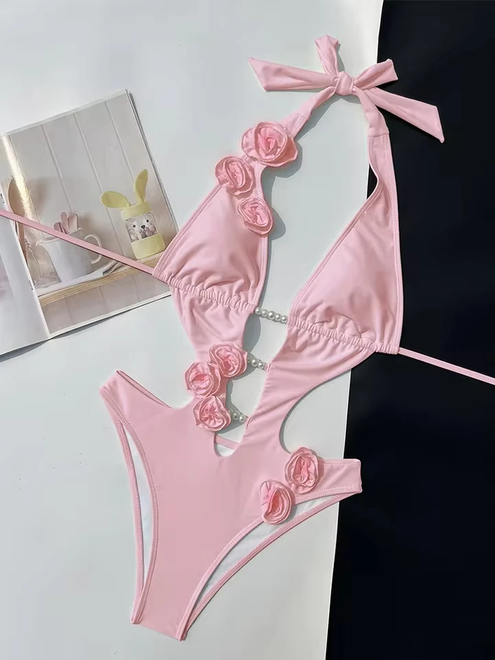 Vzvn Women Solid Sexy Hollow Out Swimwear Tropical Summer Beachwear Bathing Suit Bodysuit 2026 New 3D Flowers One Piece Swimsuit