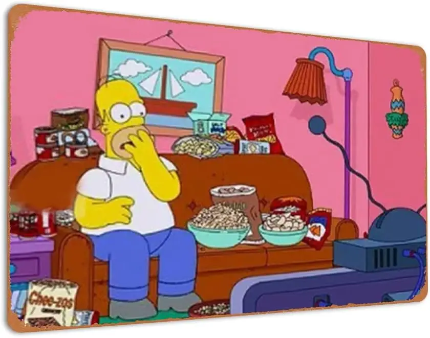 Vintage-Poster, Metallschild „Homer beim Fernsehen“ mit Chee-Zos, Retro-Blechschilder, Wanddekoration, Geschenk für das Büro, aus Aluminium