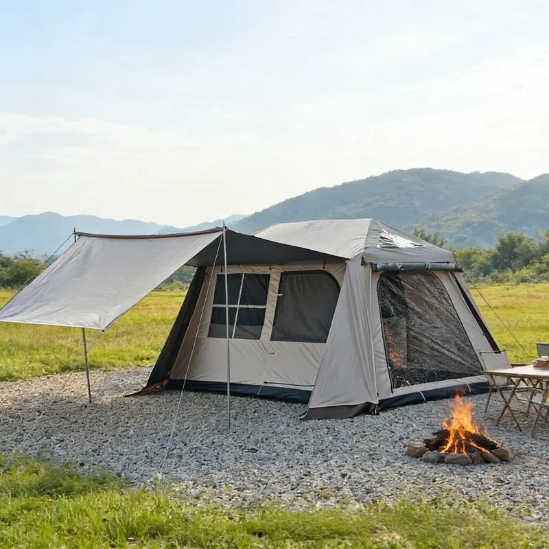 Large Space Roof Top Tent Quick Opening Shading Anti Rainstorm Outdoor Double Chimney Cold Titanium Vinyl Canopy for Camping