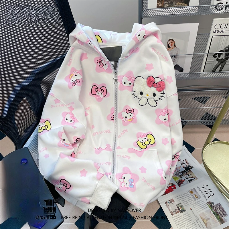 

Sanrio Hello Kitty корейское милое флокированное пальто с вышивкой женское осеннее зимнее толстое домашнее пальто свободная толстовка на молнии с капюшоном подарок