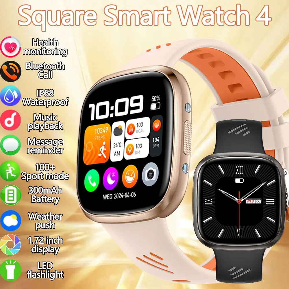 New Square Smart Watch 4 Men LED Lights BT Call 3ATM Waterproof Health Monitoring Reminder 100+ Sport Mode Smartwatch Women 2025