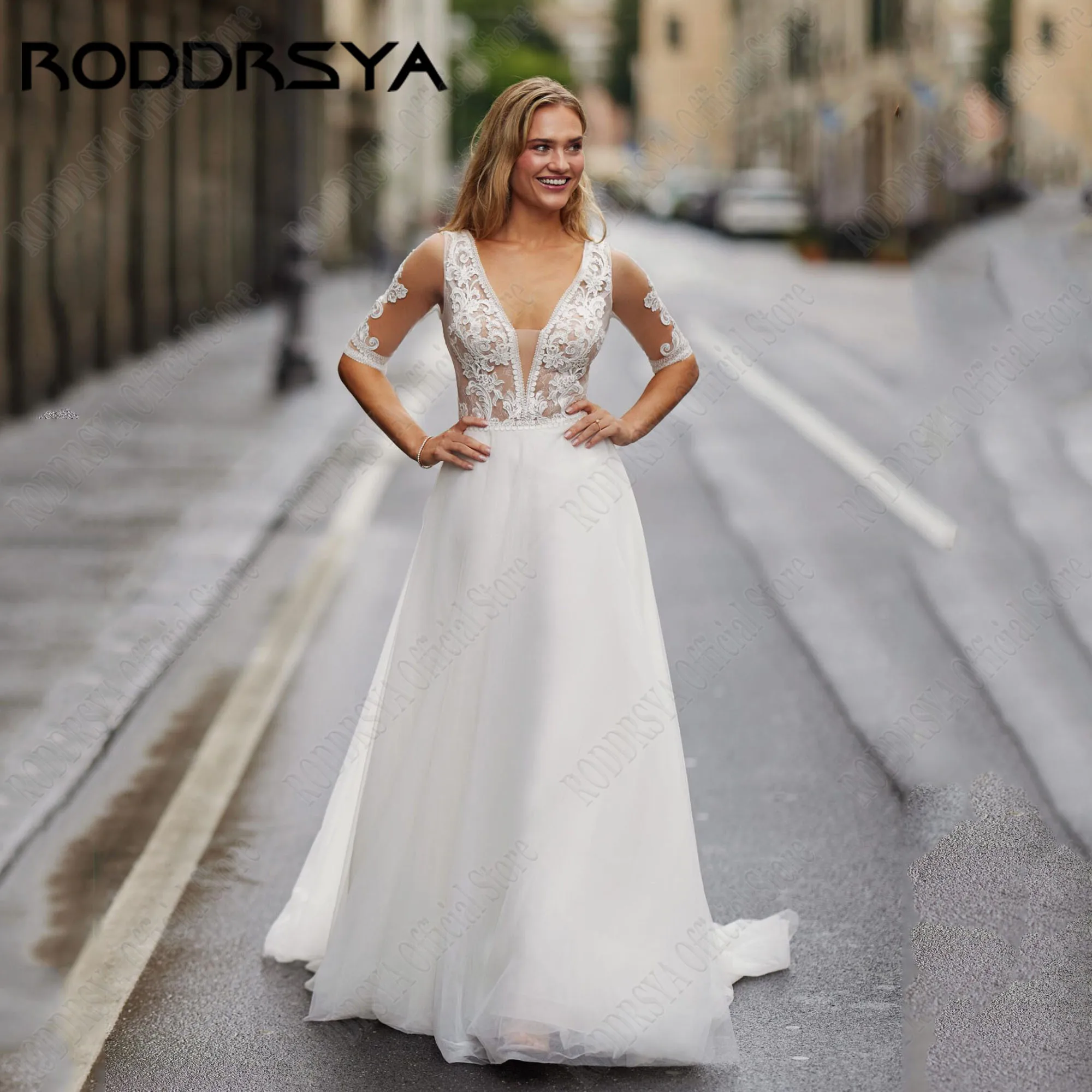 

RODDRSYA Civil Lace Wedding Dresses 2024 Bride 3/4 Sleeves Applique A-Line Backless Deep V-Neck Tulle Sweep Train Bridal Gowns