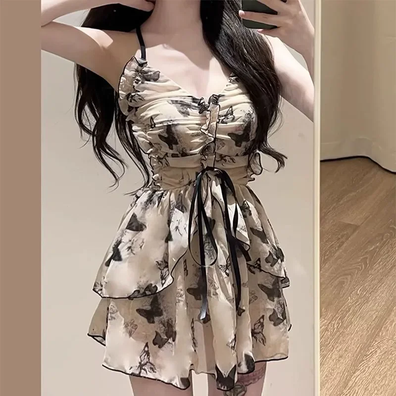 

Женский слитный купальник с винтажным принтом, на тонких бретелях, с завязками на спине, без спинки, с оборками по низу, для пляжного отдыха